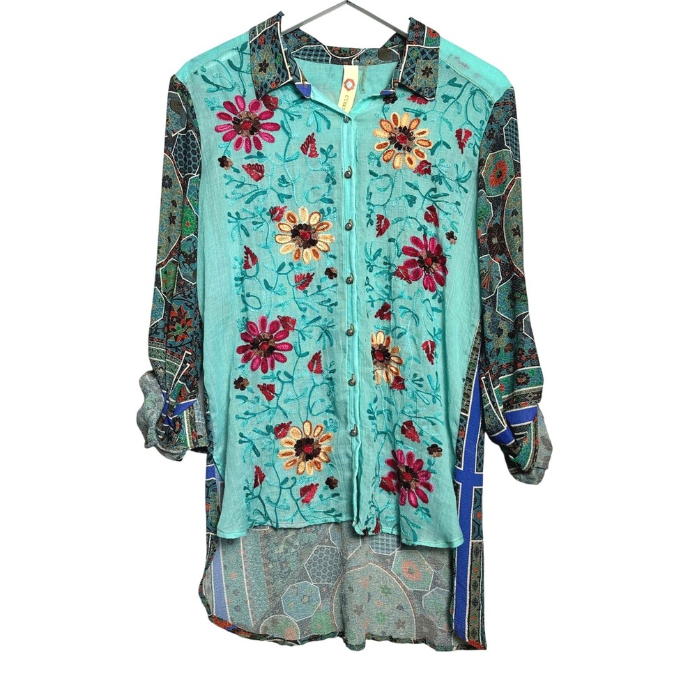 Cyrena Anthropologie Vibrant Turquoise Embroidered Floral Tunic Blouse M